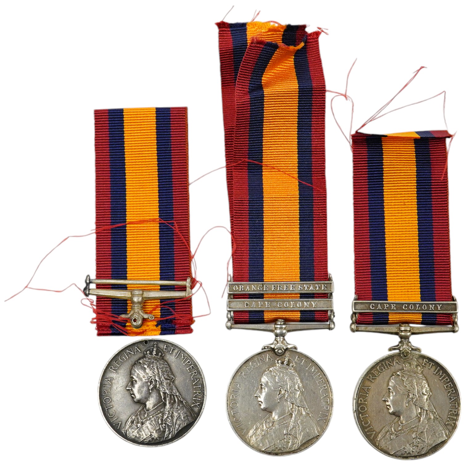 Queens South Africa Medal with CC clasp to 4493 Pte J.Finan, W.York:Regt, another with OFS and CC clasps to 3414 Pte E.Barnett, RL Fus and a third with detached disc to Sapr G Streeter, R.E.